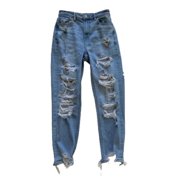 American Eagle Jean Light Wash High Rise Distressed Ankle Mom Jeans Size 0 Short - Picture 1 of 13